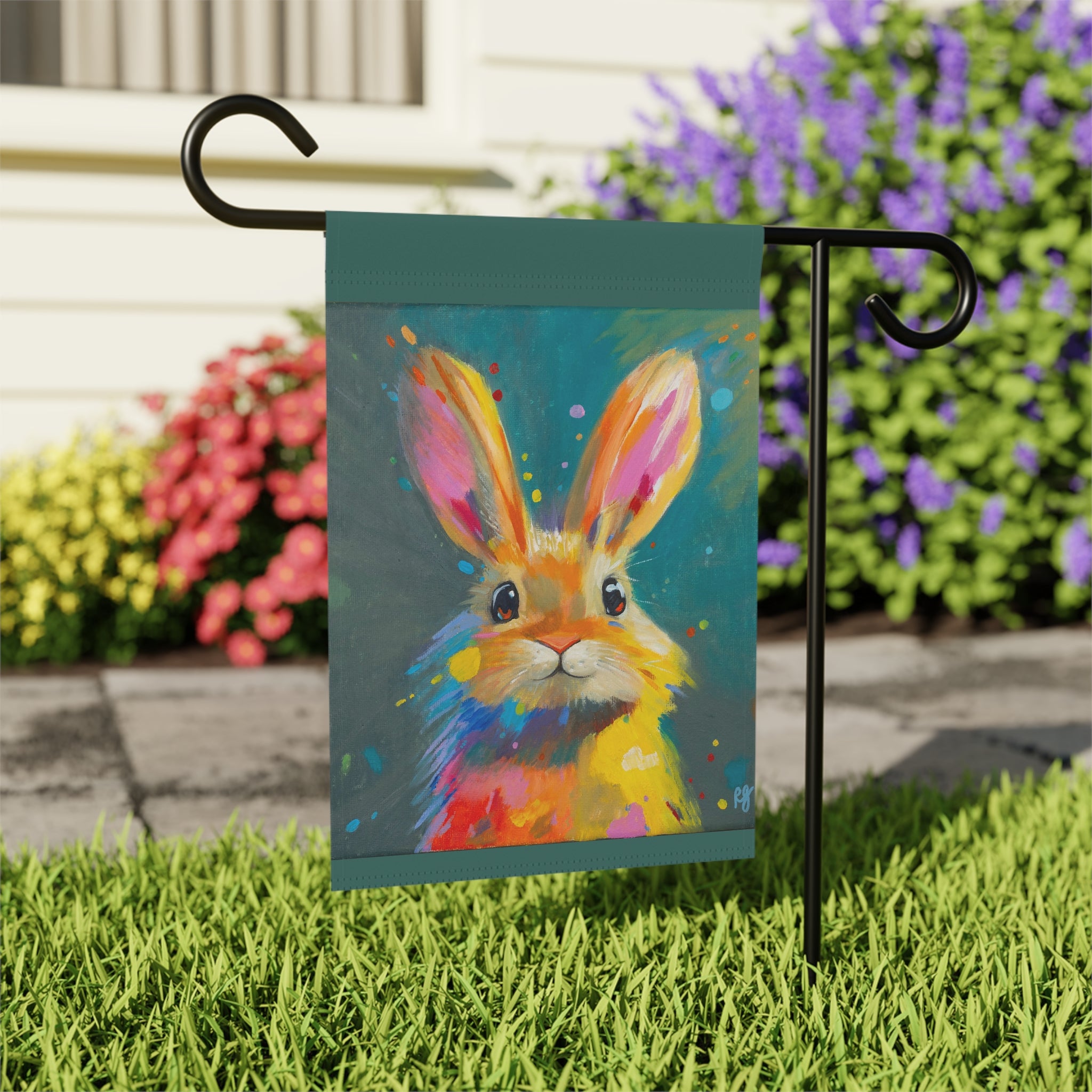 Whimsical Bunny Garden Banner – Colorful Smiling Bunny Face for Home & Garden
