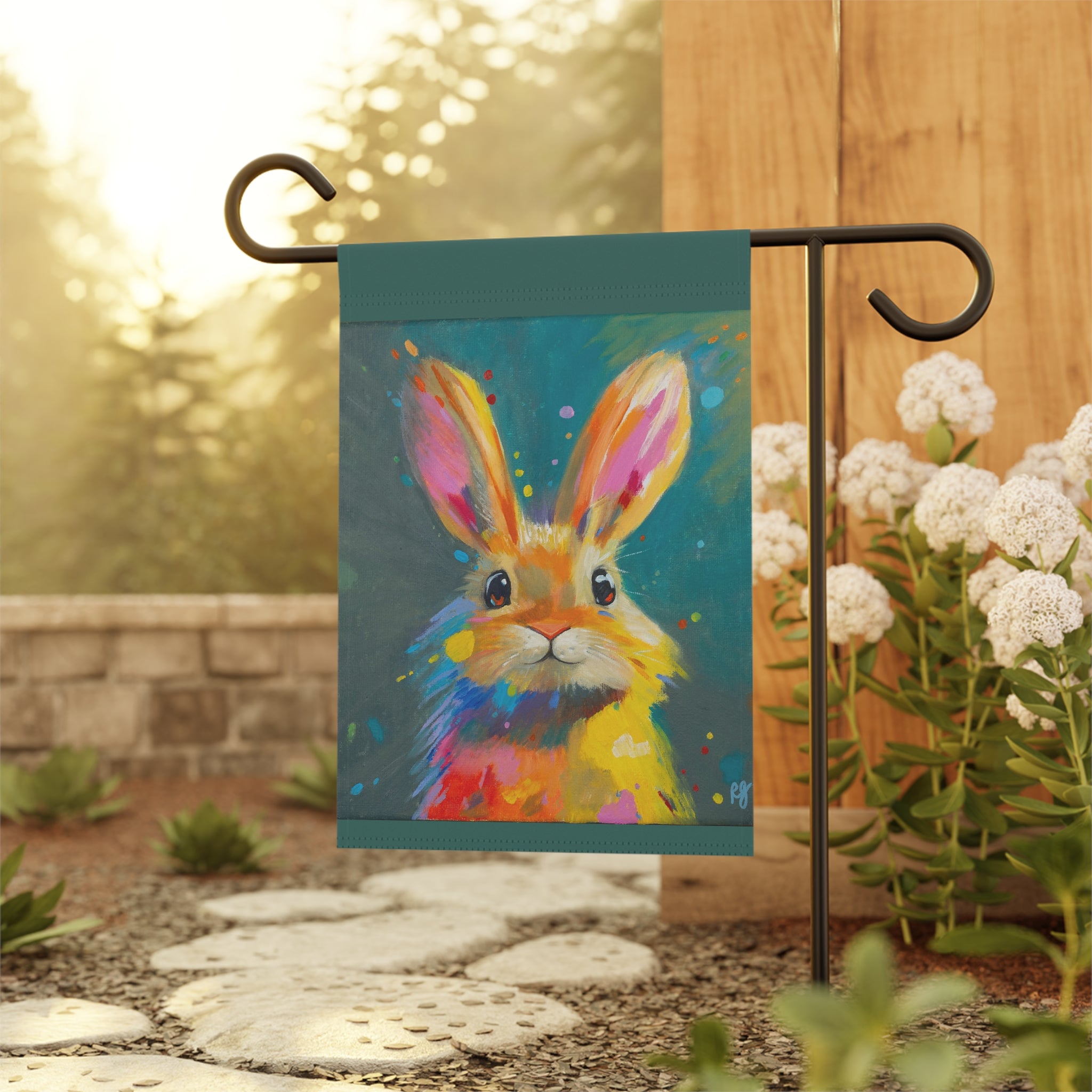 Whimsical Bunny Garden Banner – Colorful Smiling Bunny Face for Home & Garden